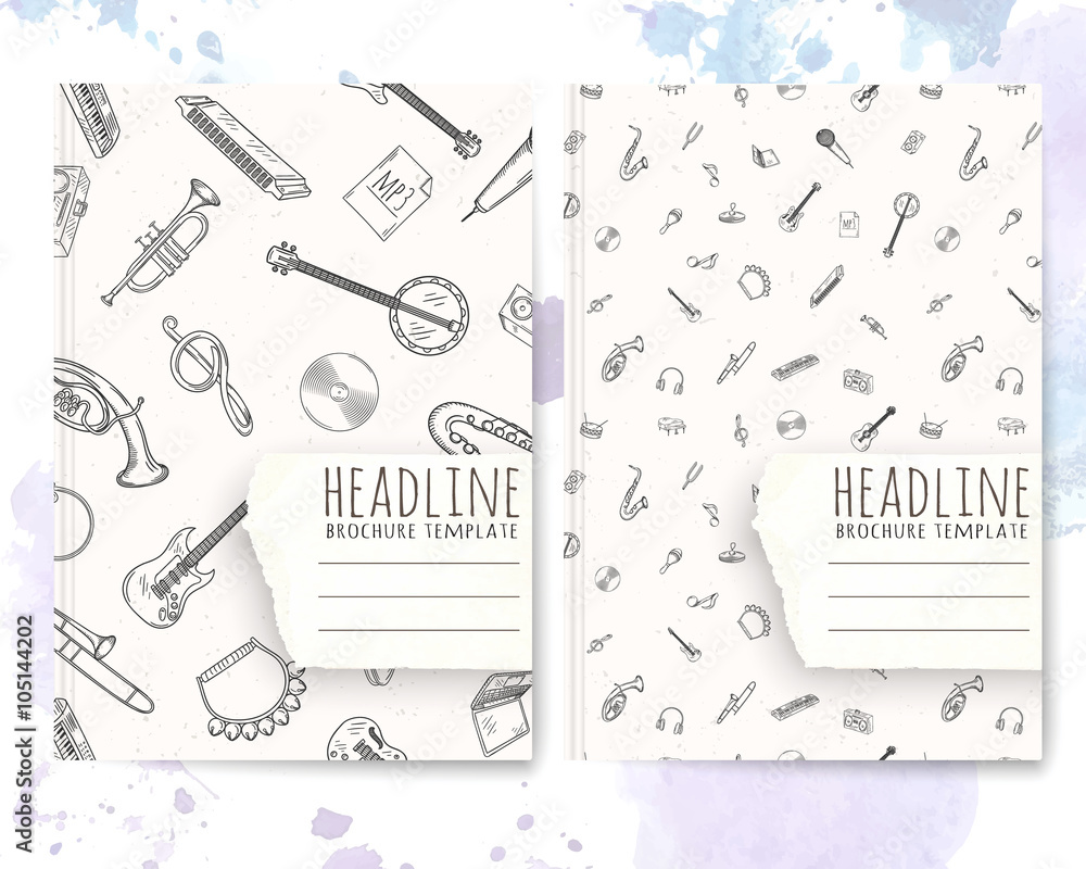 Wall mural notebook template with hand drawn music pattern.