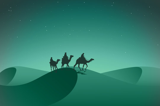 Arabic Caravan In Night Desert.