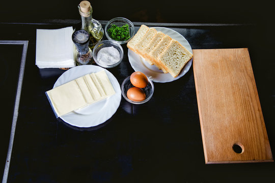 Products for cooking toast ingredients on a table