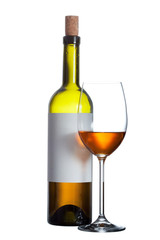 bottle of red wine with a clean label and glass of wine on a whi