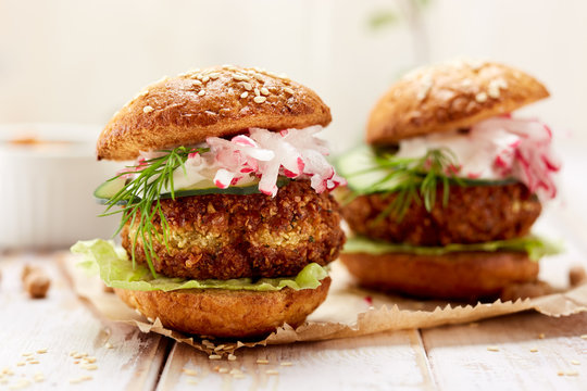 Falafel Burger On A Wooden Rustic Table