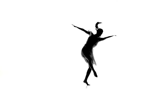 Slim girl with ponytail dance modern contemporary style spins on white, silhouette, slow motion