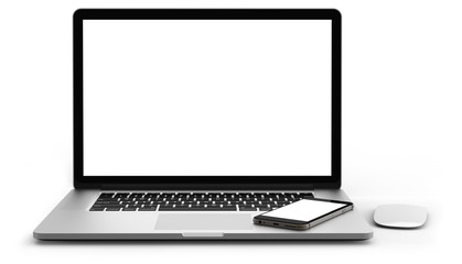 Fototapeta premium Laptop and smartphone with blank screen isolated on white background, aluminium body.Whole in focus. High detailed.
