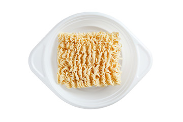 white plastic disposable plate with Instant noodles on a white b
