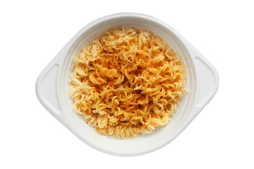 white plastic disposable plate with Instant noodles on a white b