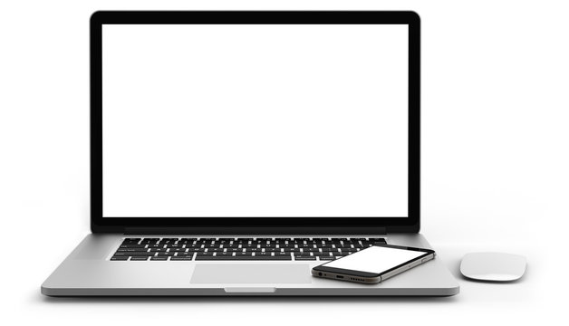 Laptop and smartphone with blank screen isolated on white background, aluminium body.Whole in focus. High detailed.