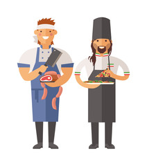 Cartoon butcher and pizza chef vector character illustration