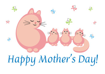 pink cat and small kittens on a white background