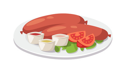 Traditional English Breakfast. Grilled sausage with garlic, onions and tomatoes vector.