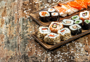 Sushi, maki, sashimi and sushi rolls
