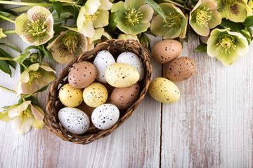 Obraz premium Easter decoration yellow green color top view