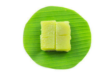 Kind of Thai sweetmeat, Multi Layer Sweet Cake (Kanom Chan) on banana leaf in white background