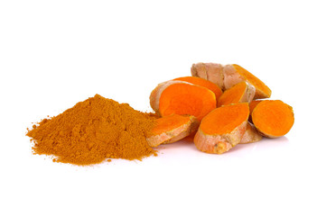 Turmeric and turmeric powder on white background