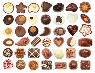 Set of chocolate candie, chocolate collection top view isolated on white