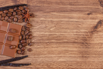 Milk chocolate, fragrant vanilla sticks and coffee grains, copy space for text