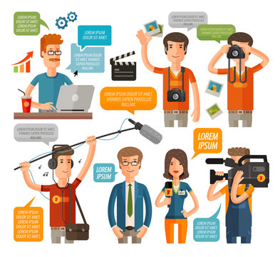 photographer and reporter, television, journalism flat icons set. vector illustration