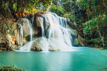 Fototapeta na wymiar Waterfall Huay Mae Kamin in deep forest with beautiful , in Thailand