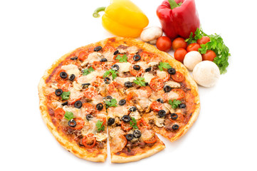 Pizza with ham, pepper and olives