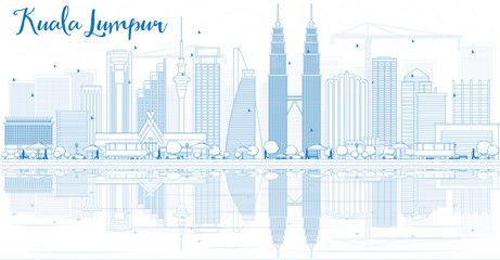Obraz premium Nakreśl panoramę Kuala Lumpur za pomocą niebieskich budynków i odbić
