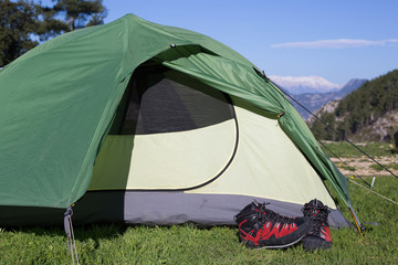 Camping in the middle of the woods, shot from inside the tent.