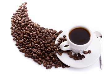 Coffee cup and beans on a white background.