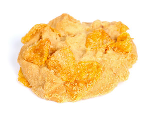 Raisin and cornflake cookies on white background