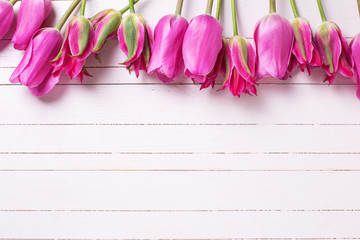 Fototapeta premium Border from pink tulips on white painted wooden background.