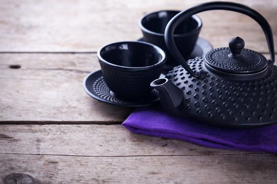 Chinese Or Asian Tea Set On Vintage Wooden Background.