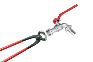 Mouth of eight inches pliers with red handle and red faucet hand
