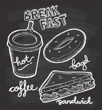 breakfast food and drink doodle on chalkboard background