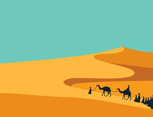 Group of People with Camels Caravan Riding in Realistic Wide Desert Sands in Middle East. Editable Vector Illustration - obrazy, fototapety, plakaty