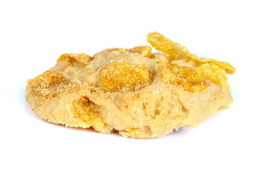 Raisin and cornflake cookies on white background