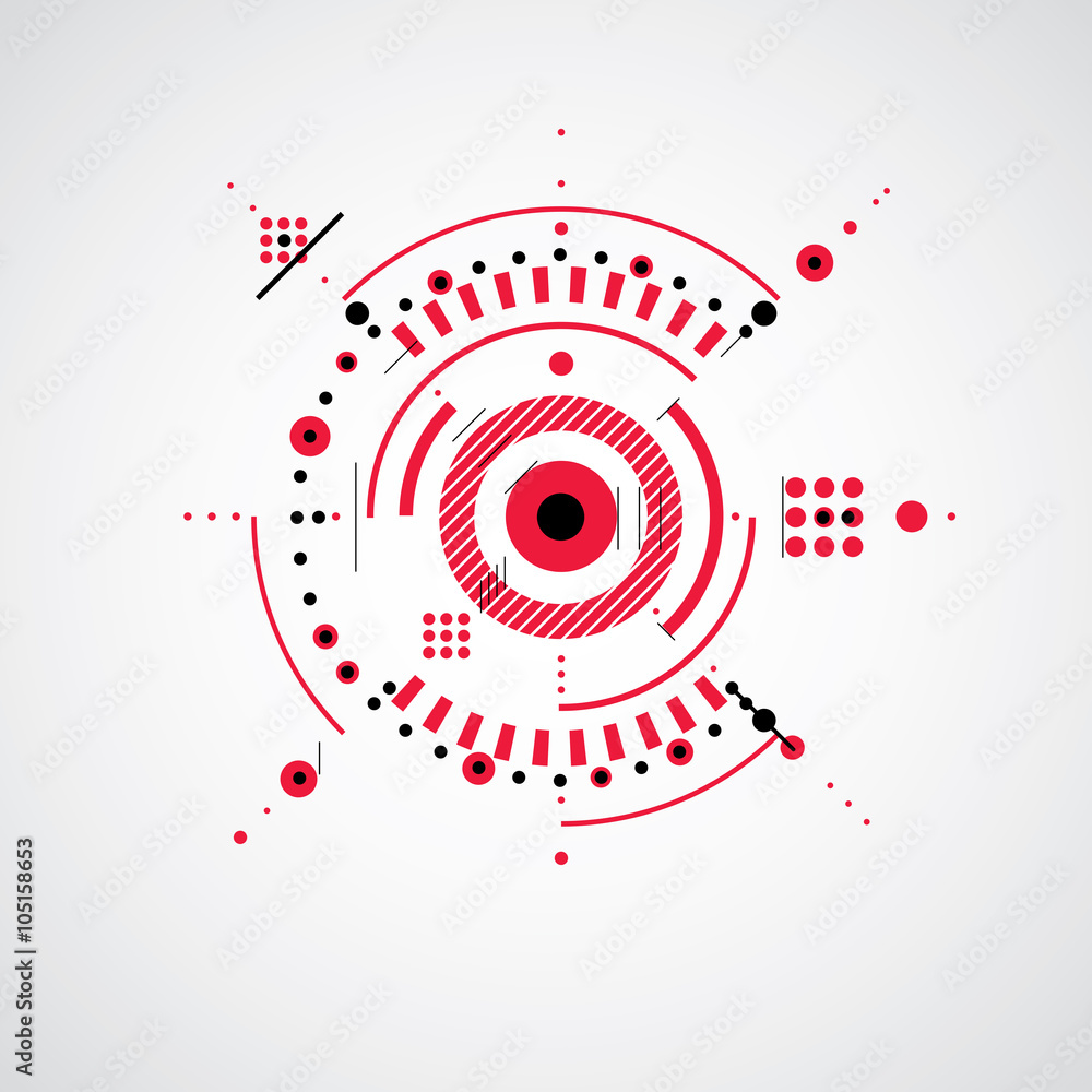 Poster mechanical scheme, red vector engineering drawing with circles