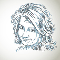 Vector art drawing, portrait of naive blameworthy girl isolated