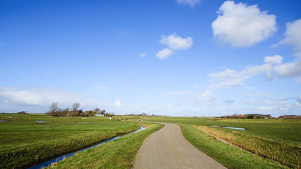 Wide view on Dutch landscape with meadow and cloudy skies