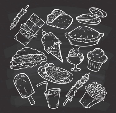 Set of hand drawn food and snack on chalkboard background