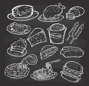 Set of hand drawn food and snack on chalkboard background