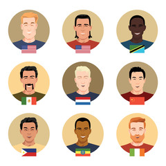 Set of vector icons - people of different nationalities. Men