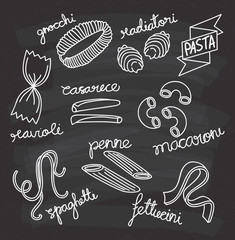 Set of hand drawn various pasta doodle on chalkboard background