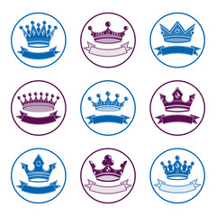 Stylized royal 3d vector design elements, set of king crowns.