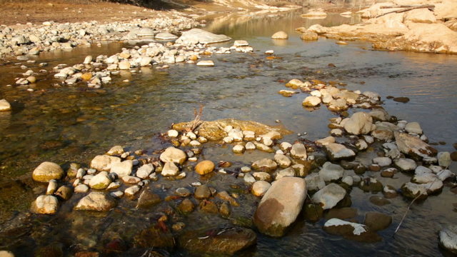 Landscape with mountains river  in sunny winter day.  Muga, Catalan Pyrenees. Spain
