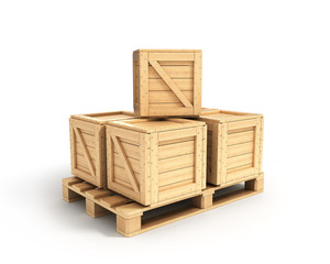 wooden boxes lying on a pallet isolated on white