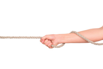 close up of hands pulling a rope on white background with clippi