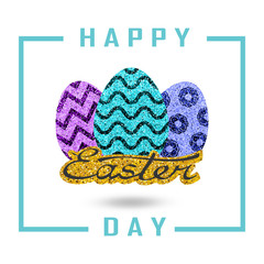 Greeting card with day of Easter. Glittering Golden egg and the