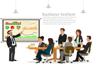 Modern business teacher giving lecture or presentation to a group of employees. Standing in front of whiteboard. Modern flat style vector illustration on white background.