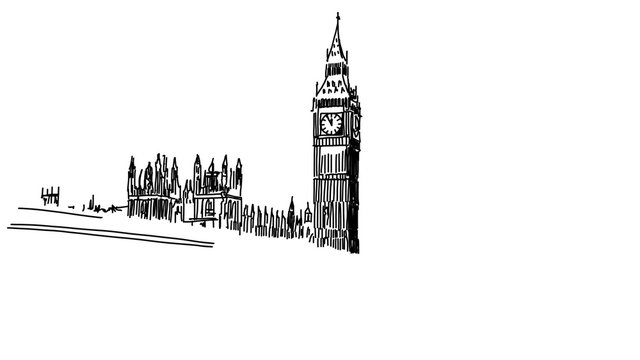 Big Ben and Westminster Bridge Outline Animation Hand Drawn Sketch Build Up and Down