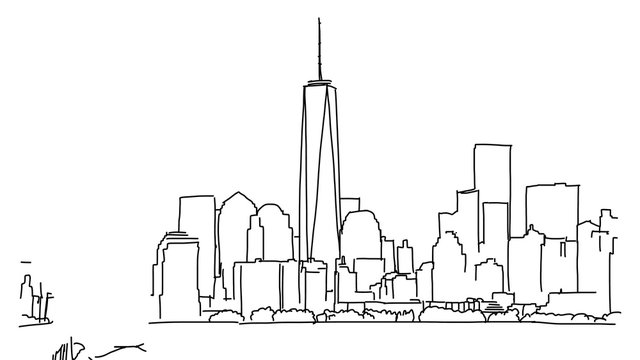 New York with Statue of Liberty Outline Animation Hand Drawn Sketch Build Up and Down