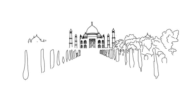 Taj Mahal Outline Animation Hand Drawn Sketch Build Up and Down