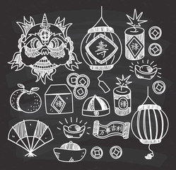 Set of graphic element related to Chinese tradition in doodle style on chalkboard background