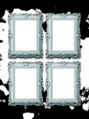 Close-up of four cyan Baroque picture frames on black and white ink splotchy background